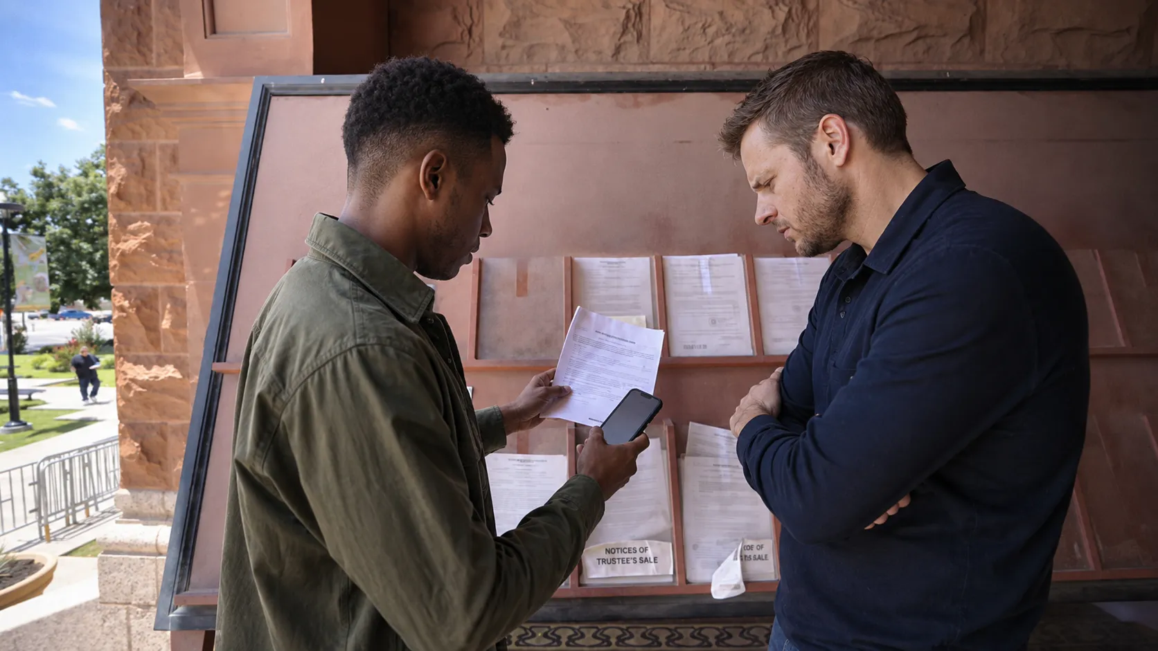 Two investors reviewing a Notice of Trustee's Sale posted on a courthouse notice board